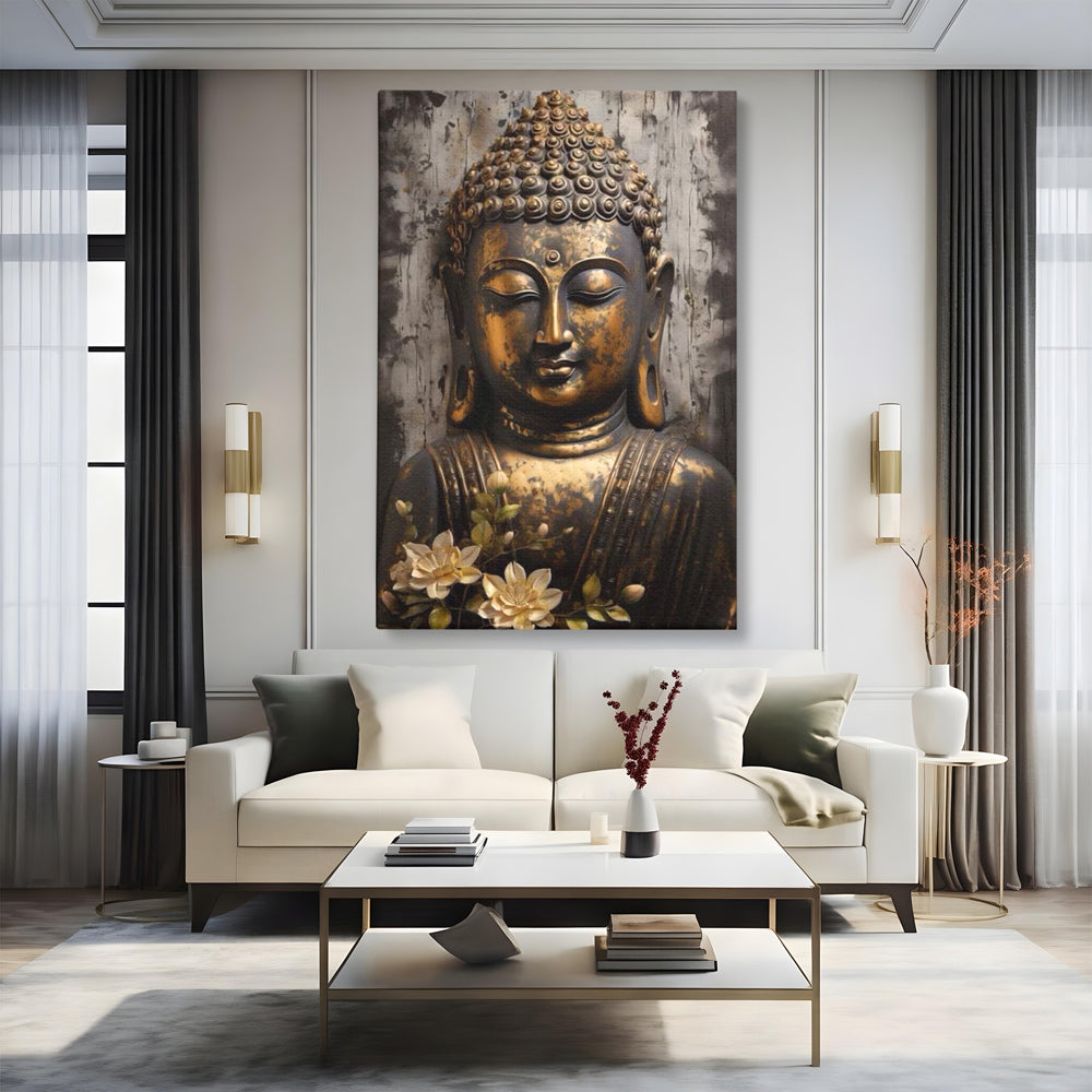 Tablou canvas cu tablou canvas cu capul lui buddha, fara rama, pe sasiu de lemn, pe perete intr-un living